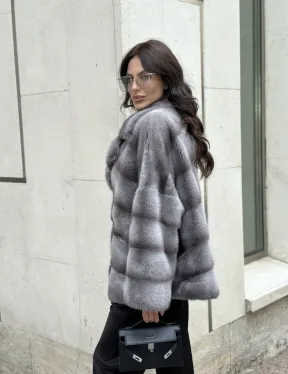 Норковый полушубок с английским воротником - цвет Platinum