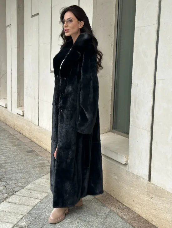 ЧЁРНАЯ НОРКОВАЯ ШУБА NAFA MINK С ПОЯСОМ В ПОЛ