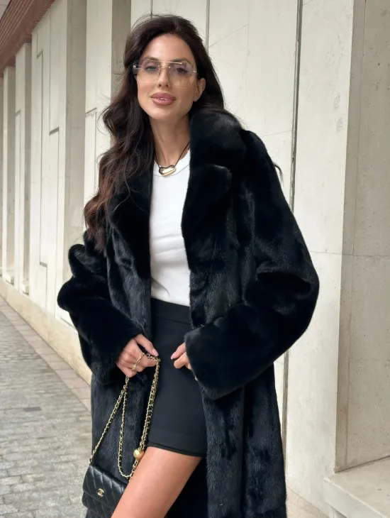 ЧЁРНАЯ НОРКОВАЯ ШУБА NAFA MINK С ПОЯСОМ В ПОЛ