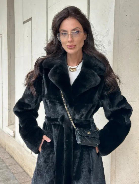 ЧЁРНАЯ НОРКОВАЯ ШУБА NAFA MINK С ПОЯСОМ В ПОЛ