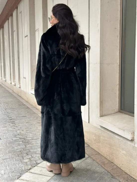 ЧЁРНАЯ НОРКОВАЯ ШУБА NAFA MINK С ПОЯСОМ В ПОЛ
