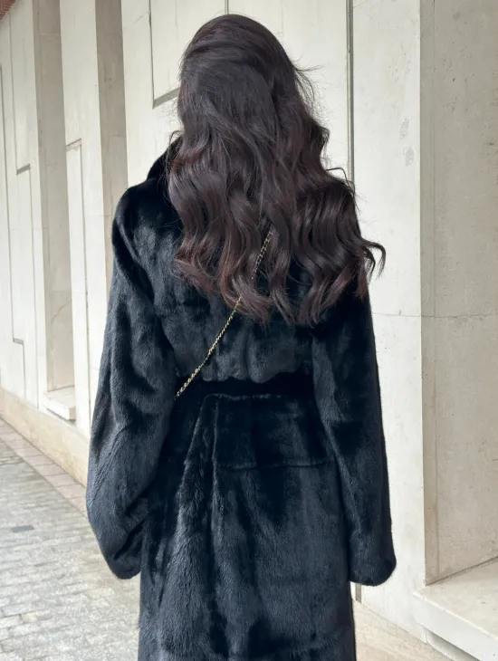 ЧЁРНАЯ НОРКОВАЯ ШУБА NAFA MINK С ПОЯСОМ В ПОЛ