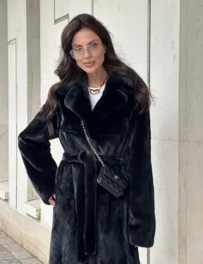 Черная норковая шуба NAFA MINK с поясом в пол