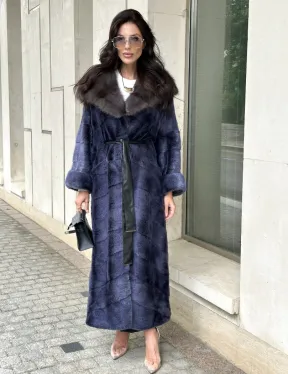 Длинная шуба из норки с капюшоном из куницы - цвет синий графит