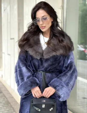 Длинная шуба из норки с капюшоном из куницы - цвет синий графит