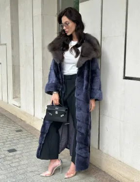 Длинная шуба из норки с капюшоном из куницы - цвет синий графит