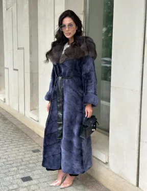 Длинная шуба из норки с капюшоном из куницы - цвет синий графит