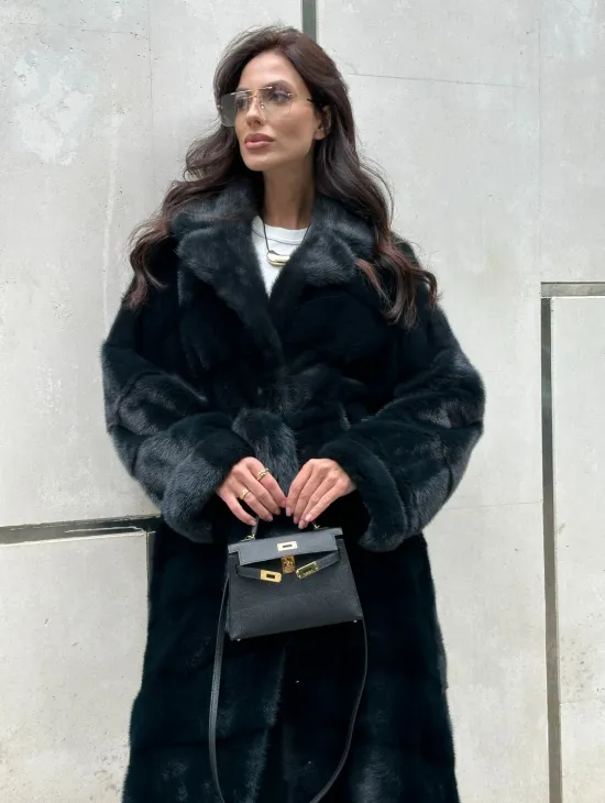 Шуба из меха норки с английским воротником темно - зеленый изумруд