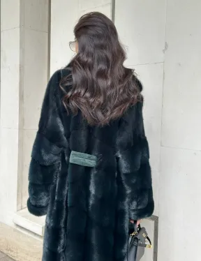Шуба из меха норки с английским воротником темно - зеленый изумруд