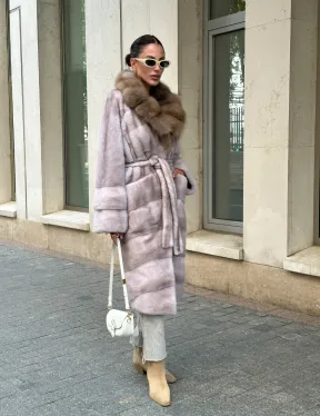 Шуба норковая с воротником из меха куницы - нюд