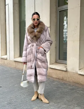 Шуба норковая с воротником из меха куницы - нюд