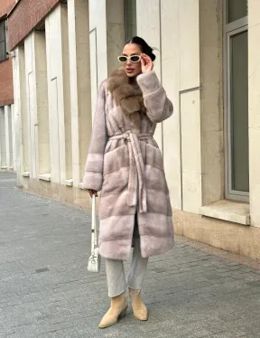 Шуба норковая с воротником из меха куницы - нюд