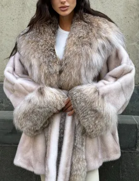 Плюшевая норковая шуба с капюшоном из меха канадской рыси - цвет натуральный нюд