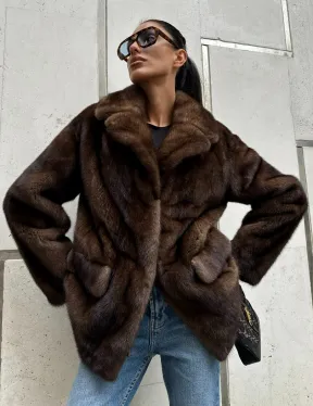 Шуба норковая - жакет с английским воротником цвет соболь