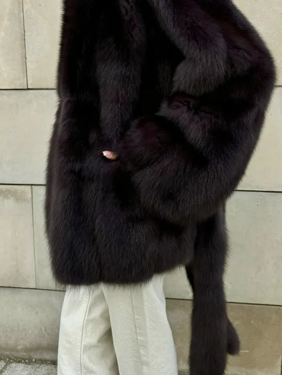 Шуба - жакет из меха куницы в цвете BURGUNDY