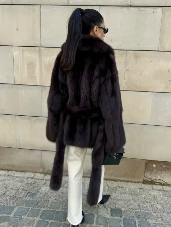 Шуба - жакет из меха куницы в цвете BURGUNDY