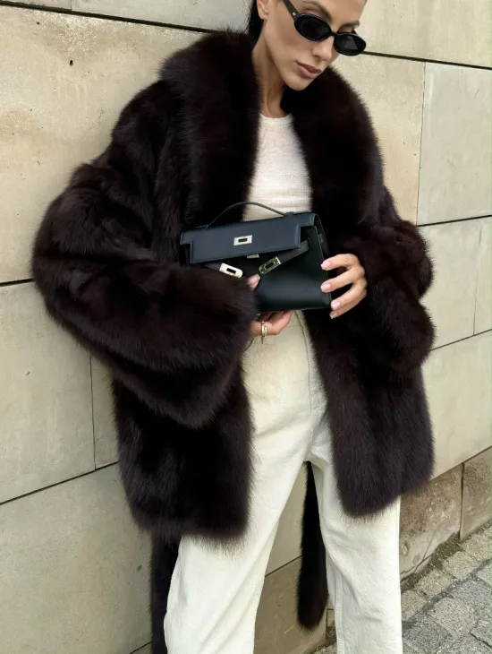 Шуба - жакет из меха куницы в цвете BURGUNDY