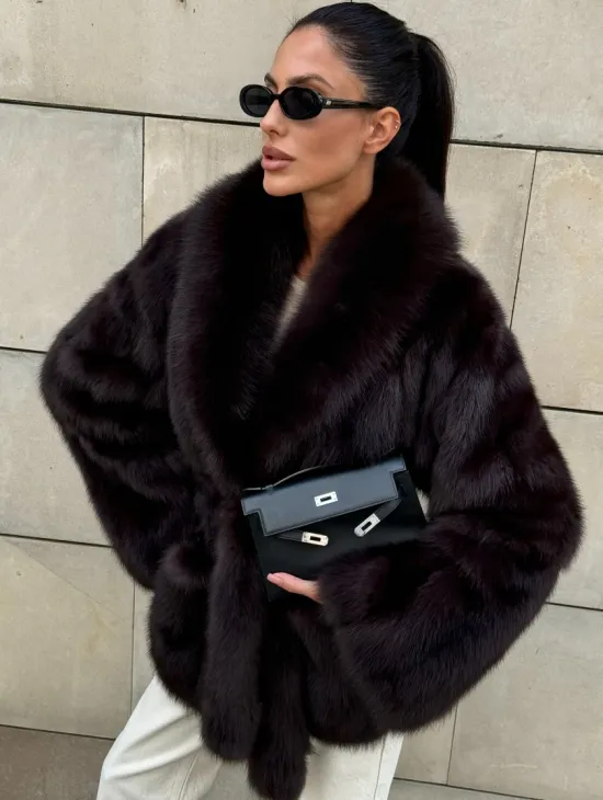 Шуба - жакет из меха куницы в цвете BURGUNDY