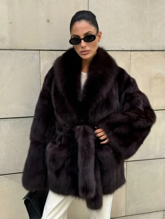 Шуба - жакет из меха куницы в цвете BURGUNDY