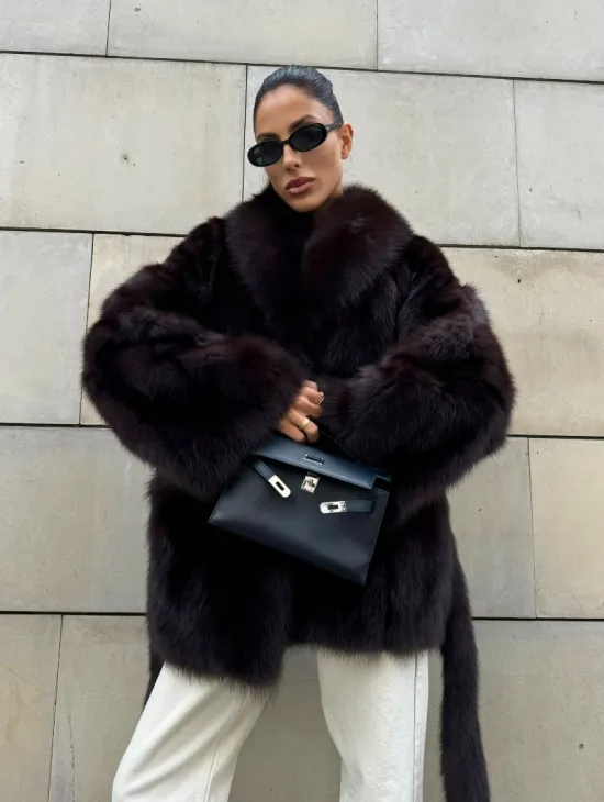 Шуба - жакет из меха куницы в цвете BURGUNDY