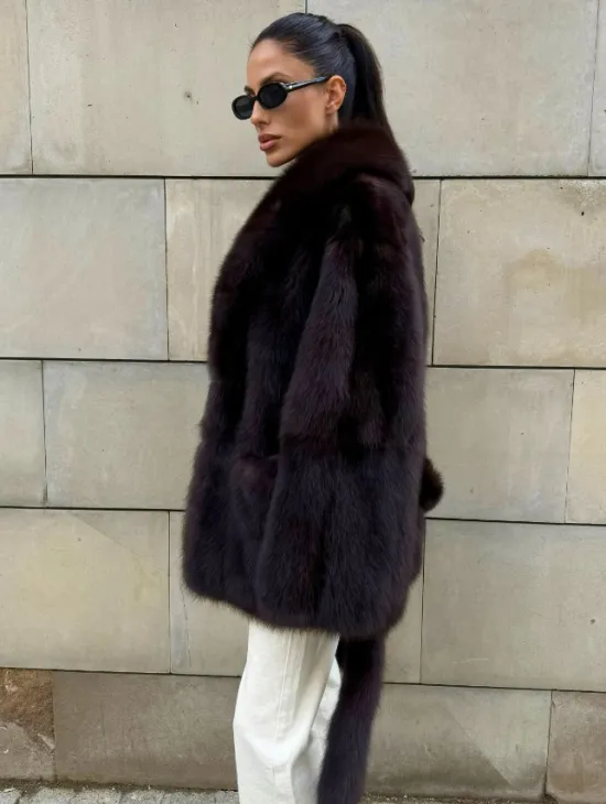 Шуба - жакет из меха куницы в цвете BURGUNDY