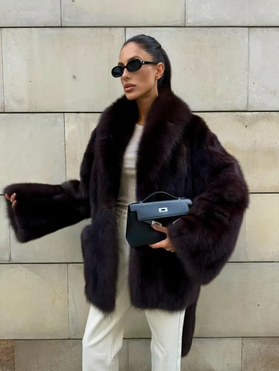 Шуба - жакет из меха куницы в цвете BURGUNDY