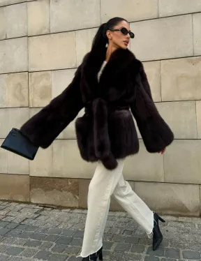 Шуба - жакет из меха куницы в цвете BURGUNDY