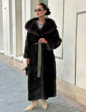 Шуба норковая с капюшоном из меха куницы - цвет темный хаки