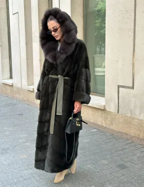 Шуба норковая с капюшоном из меха куницы - цвет темный хаки